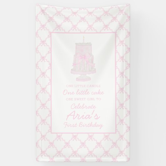 Preppy roze verjaardagstaart eerste verjaardag bew spandoek (Verticaal)