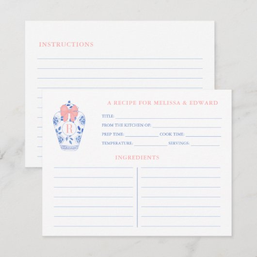 Preppy Roze Wit Blauw Monogram Douche Recept Kaart (Voorkant / Achterkant)