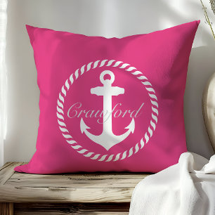Preppy Roze & Witte Scheepsanker Monogram Kussen