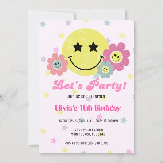 Preppy Roze Y2K Retro Happy Face Party Verjaardag Kaart (Voorkant)