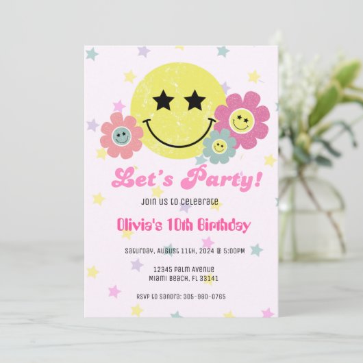 Preppy Roze Y2K Retro Happy Face Party Verjaardag Kaart (Staand voorkant)