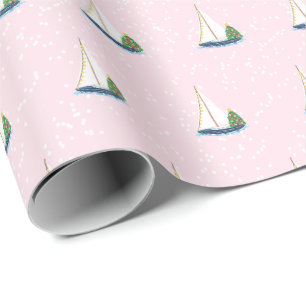 Preppy Roze Zeilboot Kerstboom Cadeaupapier
