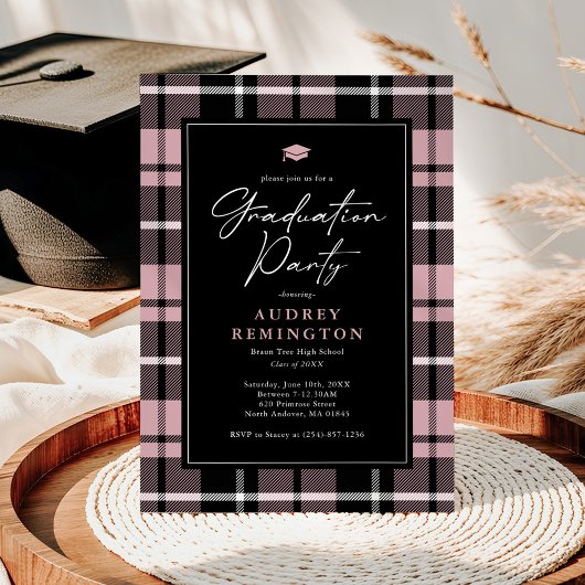Preppy Roze Zwart Tartan Afstuderen Kaart