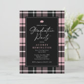 Preppy Roze Zwart Tartan Afstuderen Kaart (Staand voorkant)