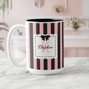 Preppy Roze Zwarte Strepen Strik Monogram Tweekleurige Koffiemok