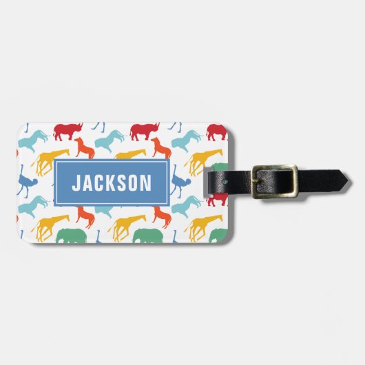 Preppy Safari Animal Personalize Silhouette Boy Bagagelabel (Voorkant horizontaal)