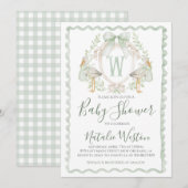 Preppy Sage Green Stork Boy Baby shower Kaart (Voorkant / Achterkant)