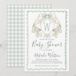 Preppy Sage Green Stork Boy Baby shower Kaart