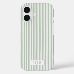 Preppy Sage Green Stripe Monogram iPhone 16 iPhone 16 Hoesje