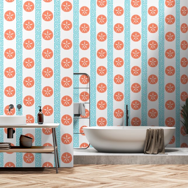 Preppy Sand Dollar Griekse Sleutel Turquoise & Kor Behang (Badkamer)
