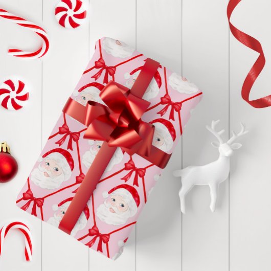 Preppy  Santa Red Bows Trellis Rood Pet Cadeaupapier