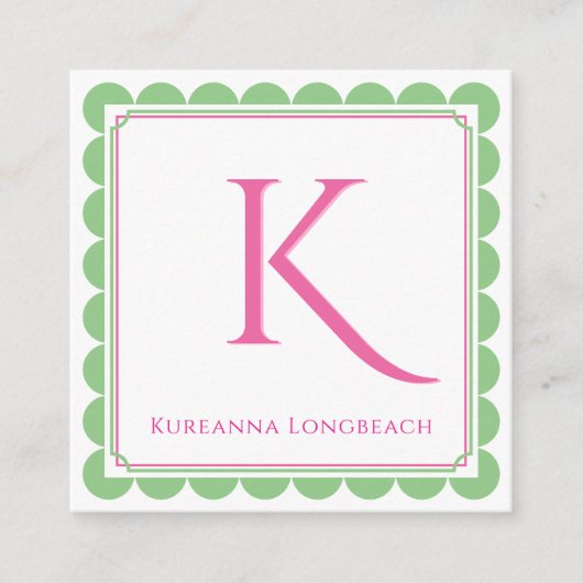 Preppy Scallop Monogram Roze & Mint Groen Oproep Informatiekaartje (Voorkant)