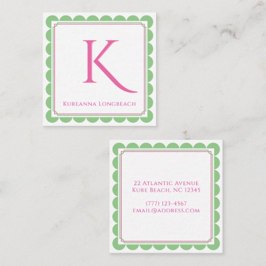 Preppy Scallop Monogram Roze & Mint Groen Oproep Informatiekaartje (Voorkant / Achterkant)