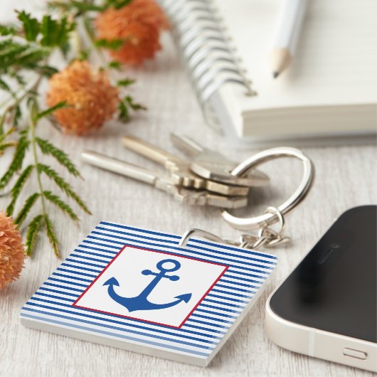 Preppy Scheepsstrepen en Anker Gepersonaliseerd Sleutelhanger (Voorkant Rechts)