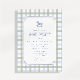 Preppy Schommelpaard Blauw en Salie Geruit Baby Sh Kaart
