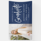Preppy Script Navy Photo Afstuderen Spandoek (Verticaal)