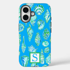 Preppy Sea Shells op blauwe achtergrond Monogram iPhone 16 Hoesje