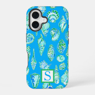 Preppy Sea Shells op blauwe achtergrond Monogram iPhone 16 Hoesje