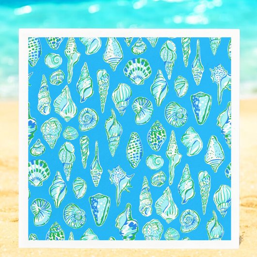 Preppy Sea Shells op Blue Seaside Coastal Servet