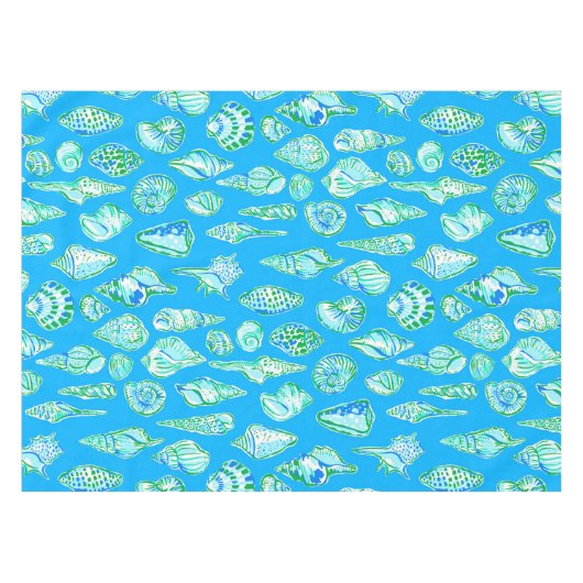 Preppy Sea Shells op Blue Seaside Coastal Tafelkleed (Voorkant (Horizontaal))