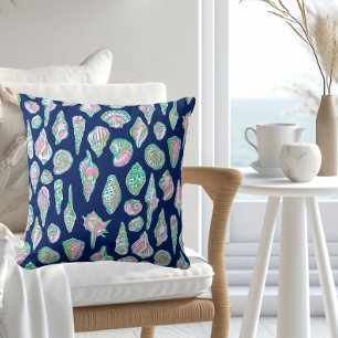 Preppy Sea Shells op Navy Blue Background Seaside Kussen