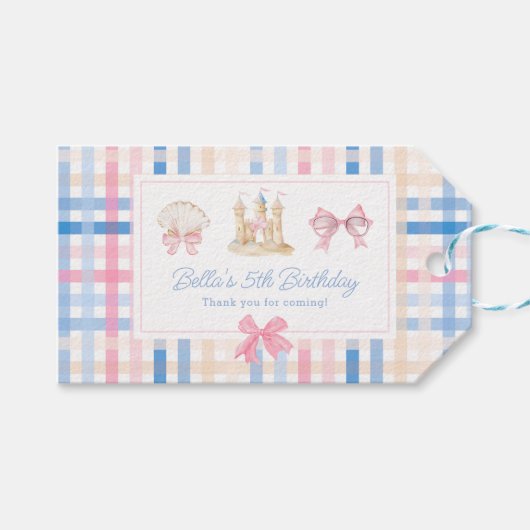 Preppy Seashell Sandcastle Pastel Gingham Cadeaulabel (Voorkant (Horizontaal))