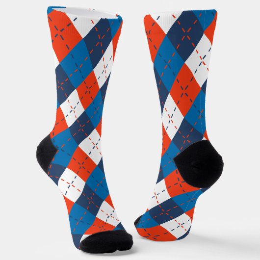 Preppy Sky Blue Navy Blauw Sinaasappel Wit Argyle Sokken (Gebogen)