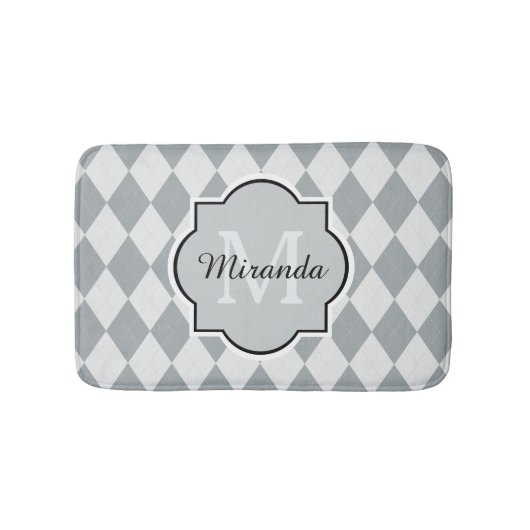 Preppy Soft Grey Argyle Girly Monogram en naam Badmat (Voorkant)
