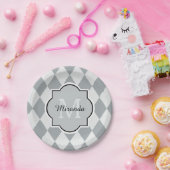 Preppy Soft Grey Argyle Girly Monogram en naam Papieren Bordje (Feest)
