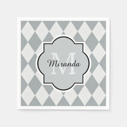 Preppy Soft Grey Argyle Girly Monogram en naam Servetten (Voorkant)
