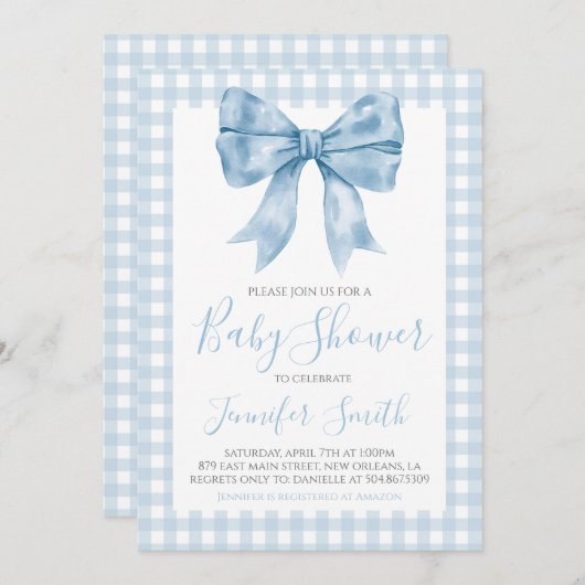 Preppy Southern Blue Bow Boy Baby shower Kaart (Voorkant / Achterkant)