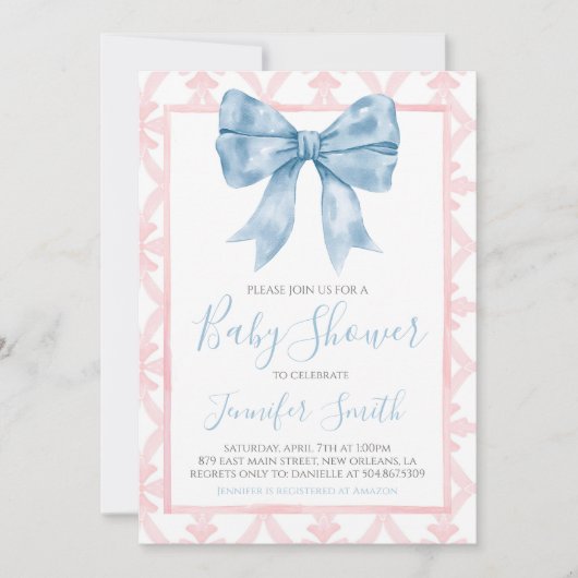 Preppy Southern Blue Bow Meisje Baby shower Kaart (Voorkant)