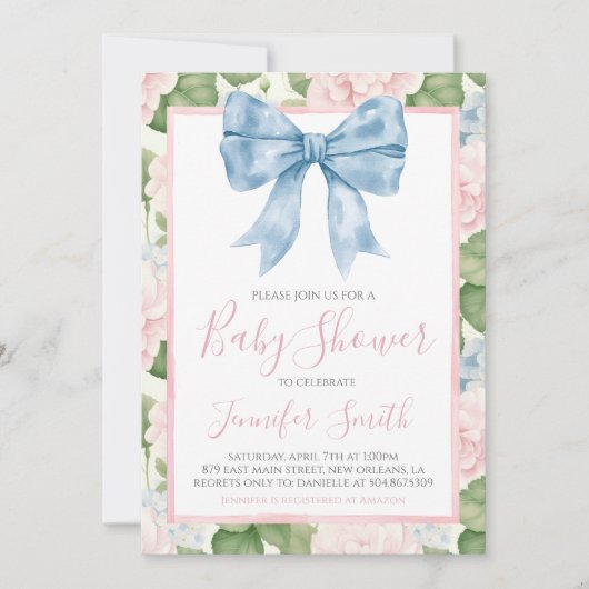Preppy Southern Blue Bow Meisje Baby shower Kaart (Voorkant)