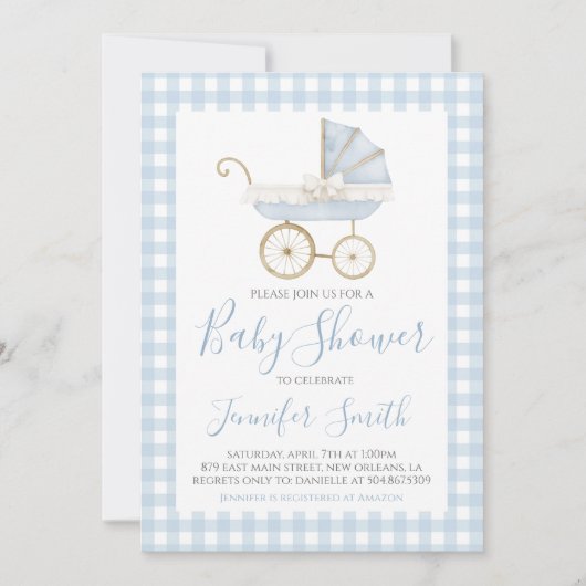 Preppy Southern Blue Boy Carriage Baby shower Kaart (Voorkant)