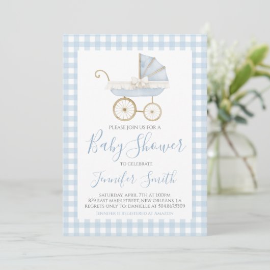 Preppy Southern Blue Boy Carriage Baby shower Kaart (Staand voorkant)