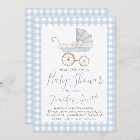 Preppy Southern Blue Boy Carriage Baby shower Kaart (Voorkant / Achterkant)