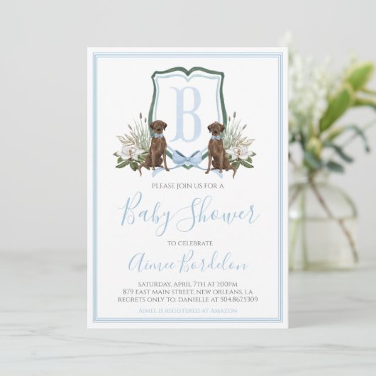 Preppy Southern Blue Boy Dog Baby shower Kaart (Staand voorkant)