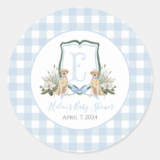 Preppy Southern Blue Boy Dog Baby shower Ronde Sticker (Voorkant)