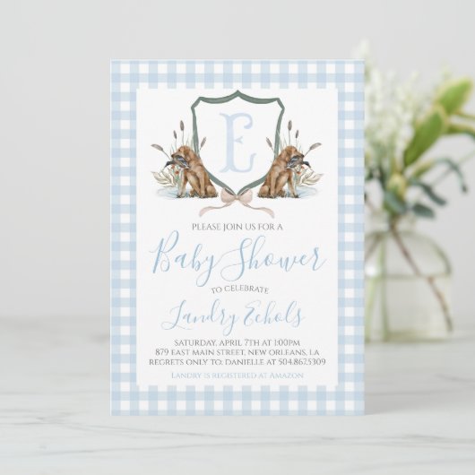 Preppy Southern Blue Boy Duck Dog Baby shower Kaart (Staand voorkant)