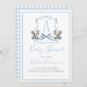 Preppy Southern Blue Boy Elephant Baby shower Kaart
