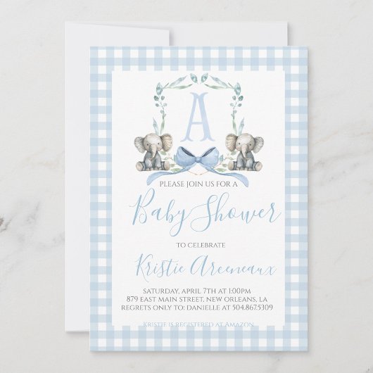 Preppy Southern Blue Boy Elephant Baby shower Kaart