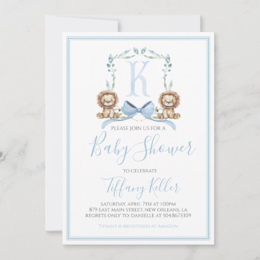Preppy Southern Blue Boy Lion Baby shower Kaart (Voorkant)