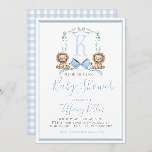 Preppy Southern Blue Boy Lion Baby shower Kaart