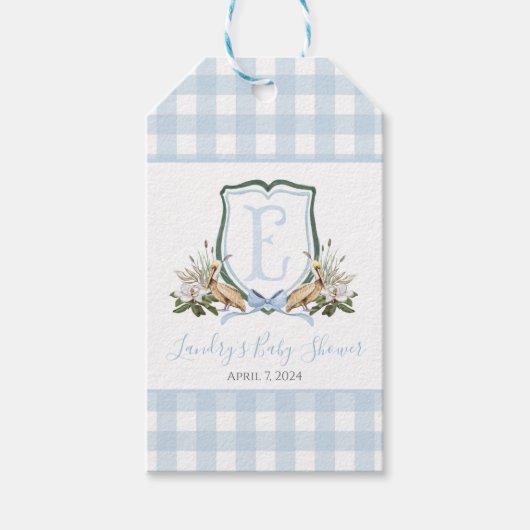 Preppy Southern Blue Boy Pelikaan Baby shower Cadeaulabel (Voorkant)