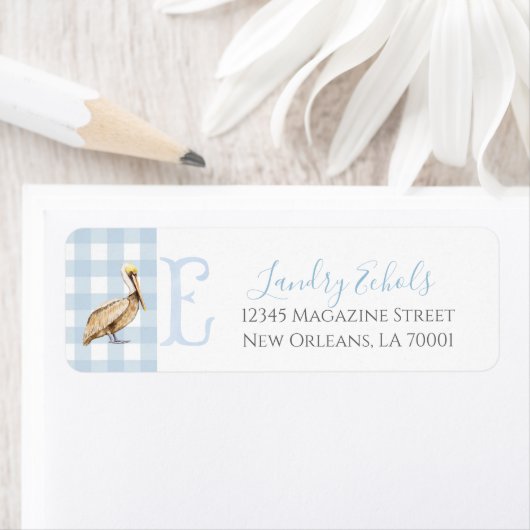 Preppy Southern Blue Boy Pelikaan Baby shower Etiket (Insitu)