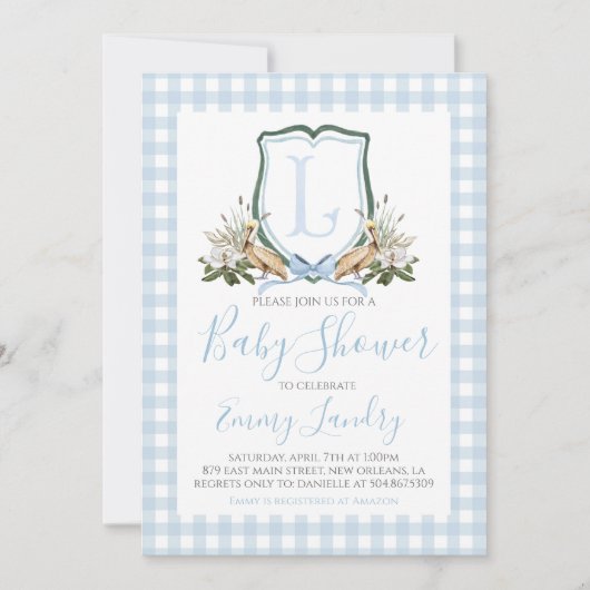 Preppy Southern Blue Boy Pelikaan Baby shower Kaart (Voorkant)