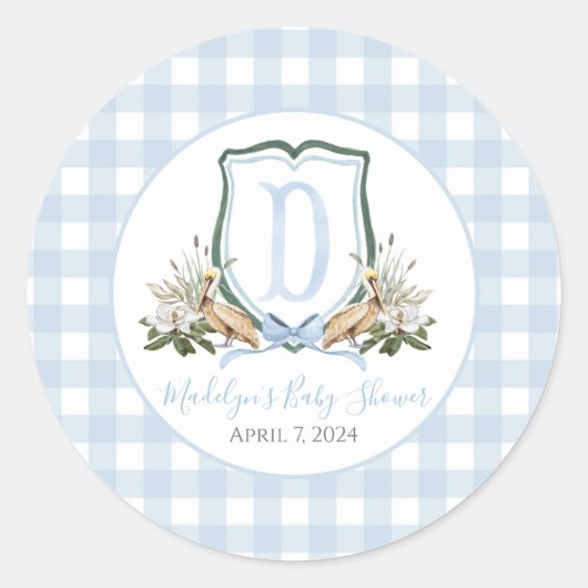 Preppy Southern Blue Boy Pelikaan Baby shower Ronde Sticker (Voorkant)