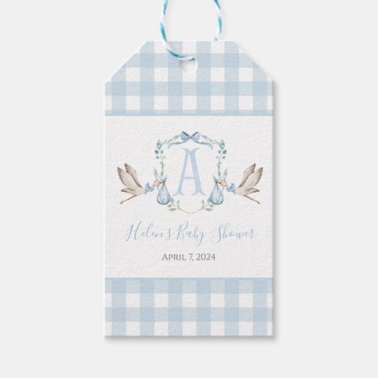 Preppy Southern Blue Boy Stork Baby shower Cadeaulabel (Voorkant)
