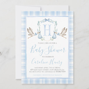 Preppy Southern Blue Boy Stork Baby shower Kaart