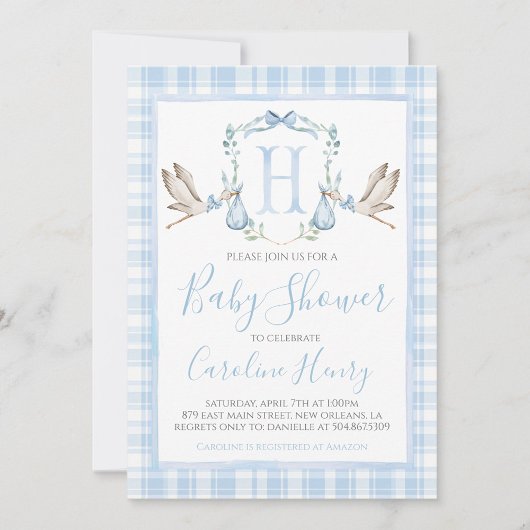 Preppy Southern Blue Boy Stork Baby shower Kaart